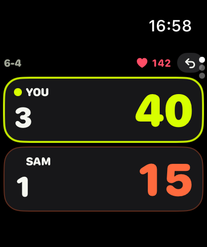 Love-40 on Apple Watch: you lead 40–15, heart rate 142